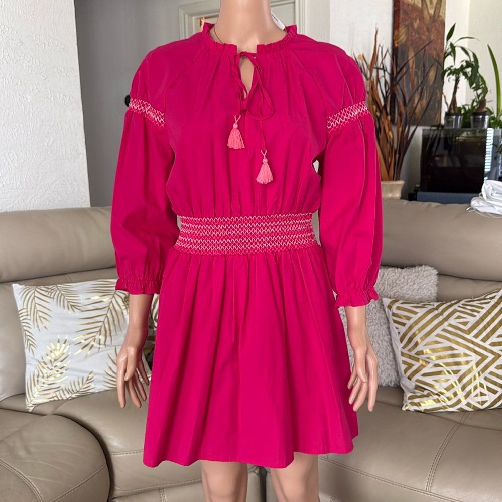 NWT Zara Poplin Dress Pink Smocked Elastic Waist Sz L